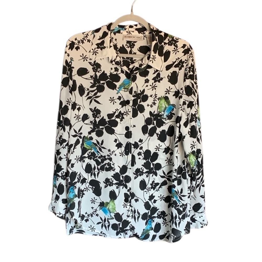 Rare Brownstone Studio graphic button up blouse leaves and birds stunning large